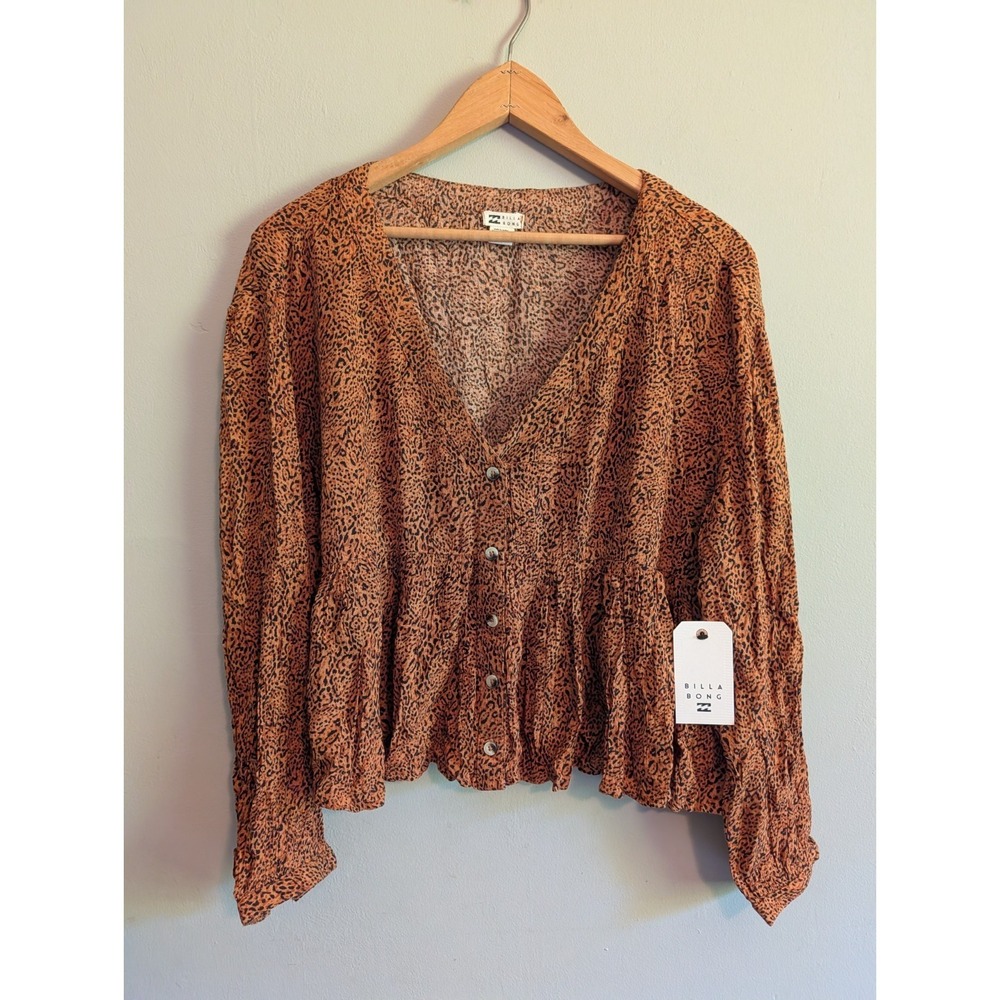 Billabong Babydoll Top L Animal Print Leopard Button Peplum Flowy Boxy Oversized